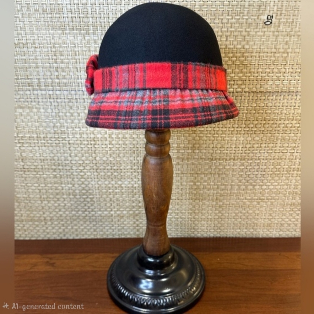 🌟HP🌟Retro Red Tartan Wool Felt Cloche Side Bow Adjustable Water Resistant - Picture 3 of 9
